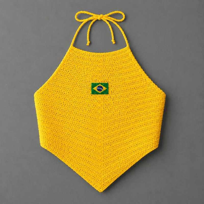 Cropped Brasil de crochê amarelo com patch da bandeira, coleção Copa do Mundo